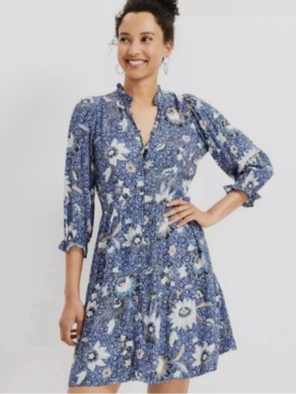 LOFT Blue Floral-Paisley V-Neck Dress